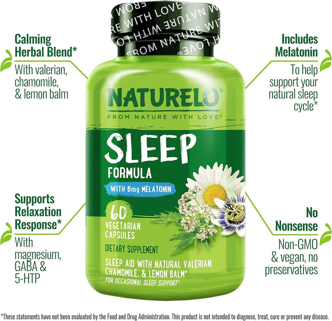 NATURELO Sleep Aid - with Melatonin, Magnesium, GABA, Valerian Root, Lemon Balm, Chamomile Herbal Extracts - Plant-Based Sleeping Aid - 60 Vegan Capsules