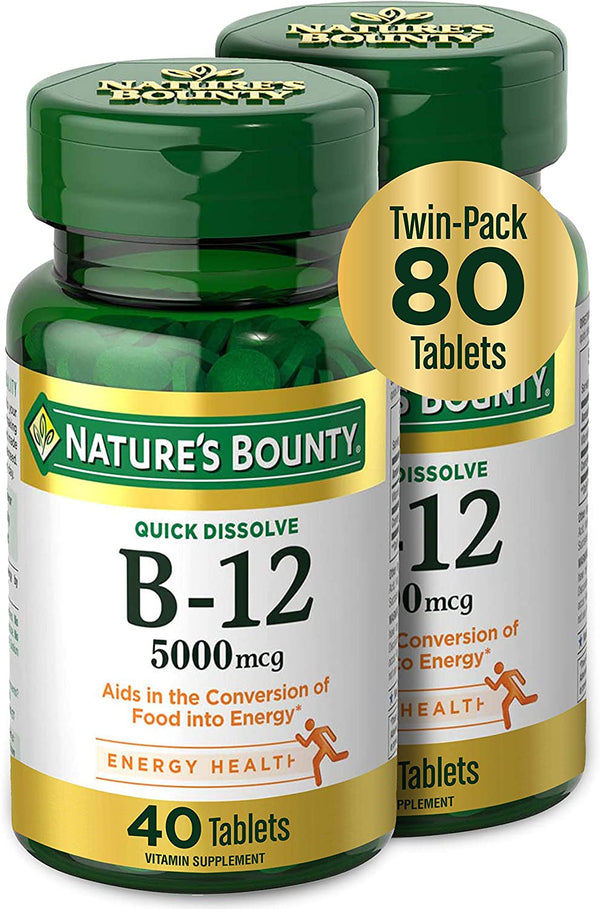 Vitamin B12 by Nature'S Bounty, Quick Dissolve Vitamin Supplement, Supports Energy Metabolism and Nervous System Health, 5000Mcg, 40 Tablets (Pack of 2)
