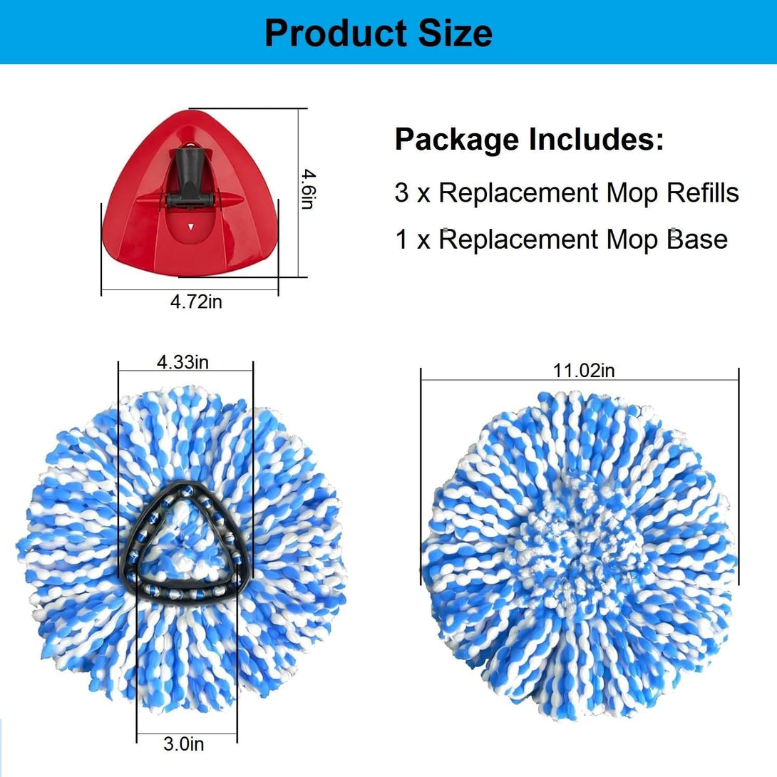 3 Pack Spin Mop Replacement Heads Compatible with O Cedar Rinseclean 2-Tank System, Microfiber Spin Mop Refills Replace Heads, Deep Cleaning, Machine Washable, Includes 1 Mop Base (Blue)