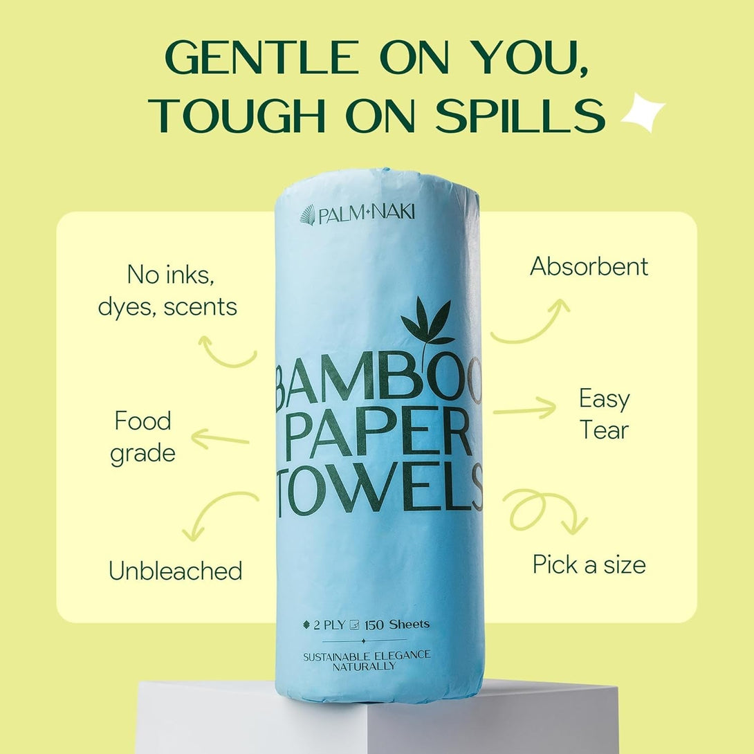 100% Bamboo Paper Towels | Lint-Free Polishing & Cleaning | 2-Ply, 150 Sheets/Roll – 12 Rolls | Tree-Free, Bpa/Pfas-Free, FSC Certified, Compostable | PALM NAKI