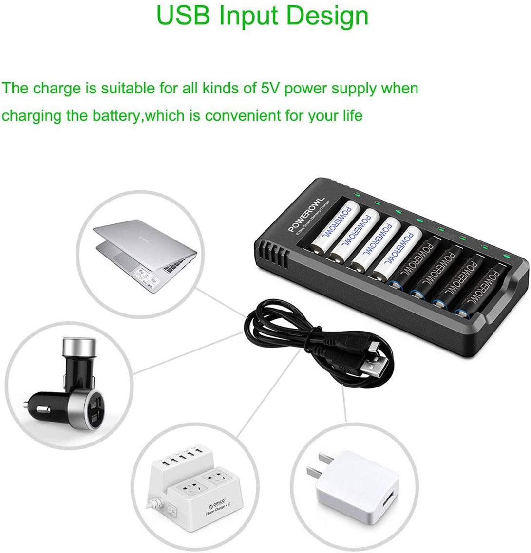 Rechargeable AA Batteries with Charger, POWEROWL 8 Pack of 2800Mah High Capacity Low Self Discharge Ni-Mh Double a Batteries with Smart 8 Bay Battery Charger (USB Fast Charging, Independent Slot)