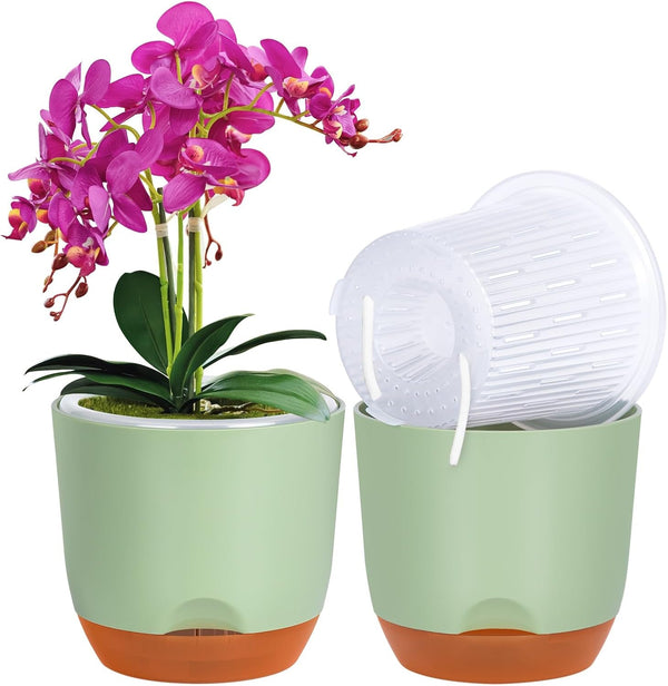 QCQHDU 2 Pack Orchid Pots with Holes for Repotting, Double-Layer and Self Watering Orchid Pot with Good Air Circulation