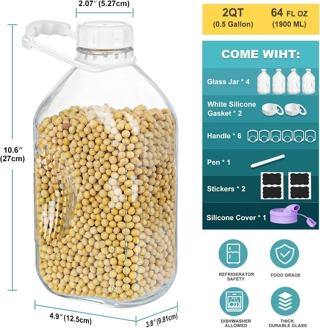 4 Pack 64 Oz Heavy Duty Glass Milk Bottle with Screw Cap and Reusable Airtight SCREW LID, 2 Qt Glass Water Bottle with 2 Exact Scale Lines - Milk/Juice Jug Pitcher