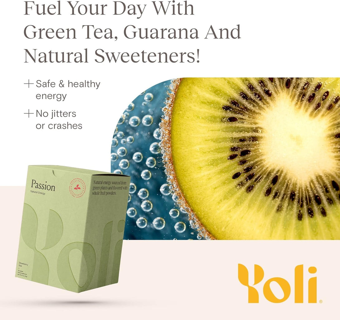 Yoli® Passion Energy Drink Powder Mix - Natural Energy Drink Mix for Endurance and Stamina, 30 Packets - Strawberry Kiwi Flavor
