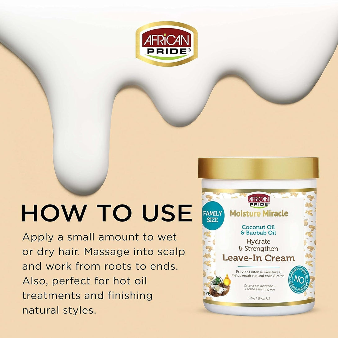 African Pride Moisture Miracle Coconut Oil & Baobab Oil Leave-In Hair Cream - Provides Intense Moisture & Helps Repair Natural Coils & Curls, Hydrates & Strengthens, 18 Oz