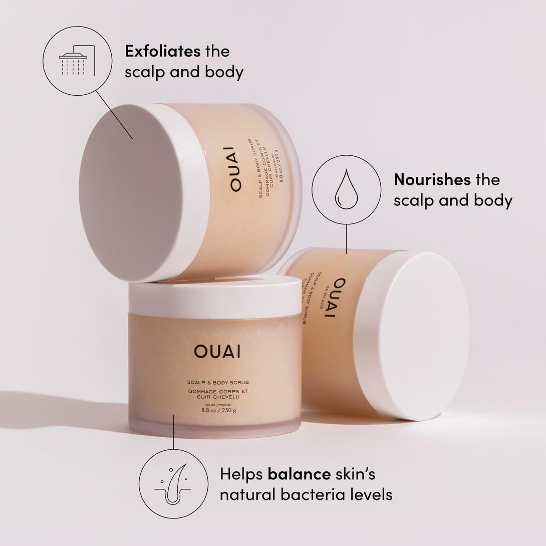 OUAI Scalp & Body Scrub, Melrose Place - Exfoliating Body Scrub with Sugar & Coconut Oil Blend for Smooth, Moisturized Skin - Gentle Scalp Exfoliator for Removing Product Build up (8.8 Oz)