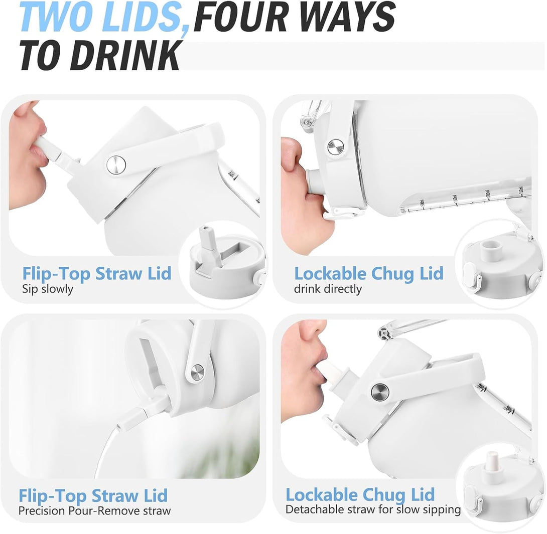 64 Oz Glass Water Bottle with Straw and 2 Lids, Half Gallon Water Bottle with Sleeve, Large Insulated 2 Liter Glass Water Jug Time Marker with Handle