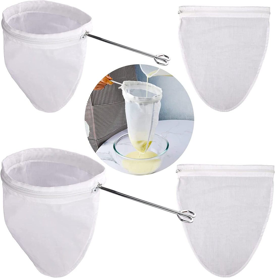 WMKGG Ultra Fine Mesh Strainer Bags, Reusable Mesh Filter Bags with Stainless Steel Handle Frame for Filter Nutmilk, Coffee, Milk, Butter, Juices and Fresh Cheese (Large + Small)