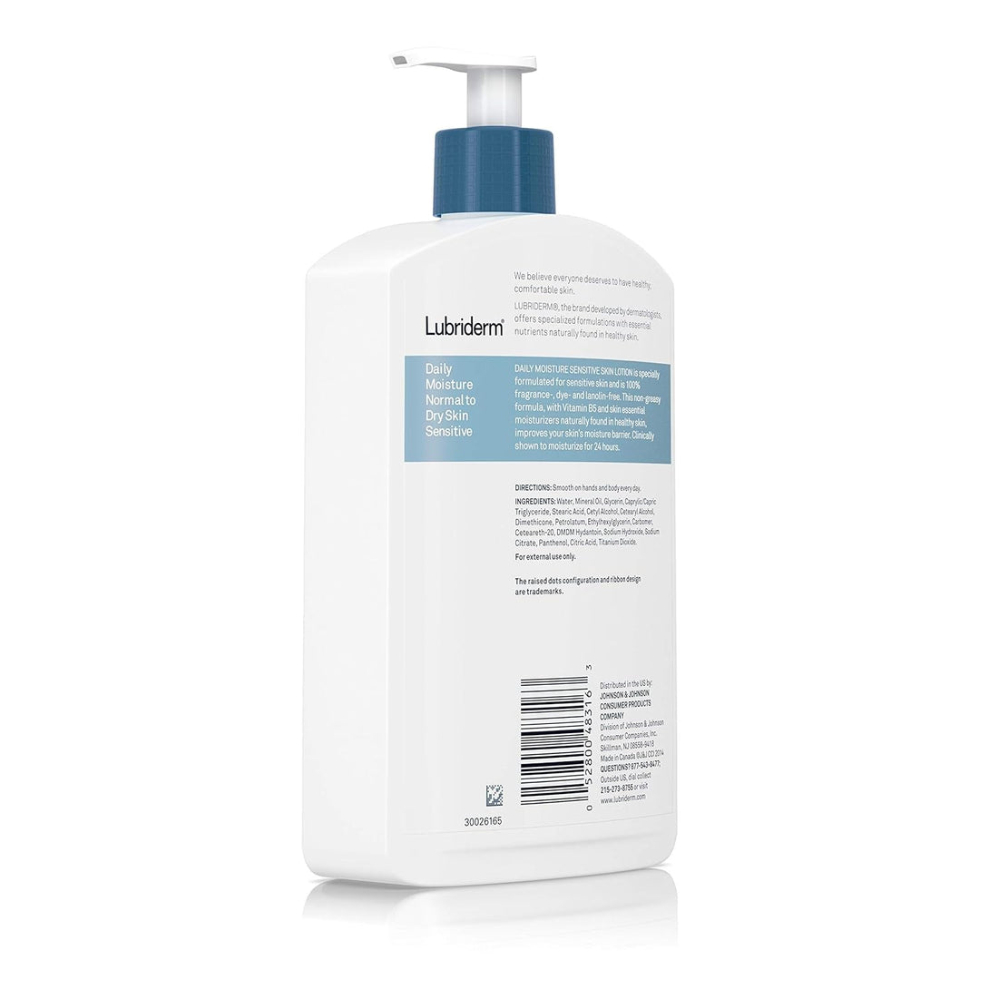 Lubriderm Daily Moisture Body Lotion for Sensitive, Dry Skin, Enriched with Vitamin B5, Dye and Lanolin Free, Unscented and Non-Greasy, 16 Fl. Oz