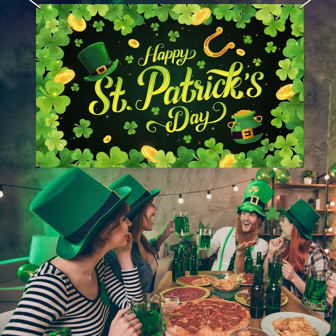 St. Patrick’S Day Backdrop Banner Decorations Large Fabric Clover Backdrop Decor Decorations Background Banner Irish Shamrock Leaves Party Supplies