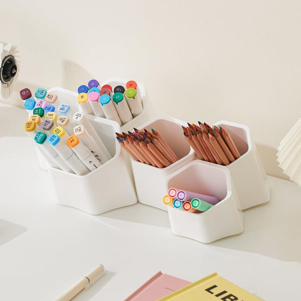 6 Cup Splicing Clips Pen Holder, Modular 65Â° Desk Organizer for Markers, Pencils, and Pens - Ideal for Office, School, and Home Use (White)