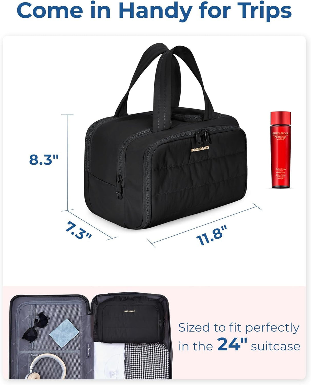 BAGSMART Travel Toiletry Bag, Lightweight Large Wide-Open Travel Bag for Women, Puffy Cosmetic Makeup Bag Organizer with Handle for Accessories,Essentials, Toiletries, Black