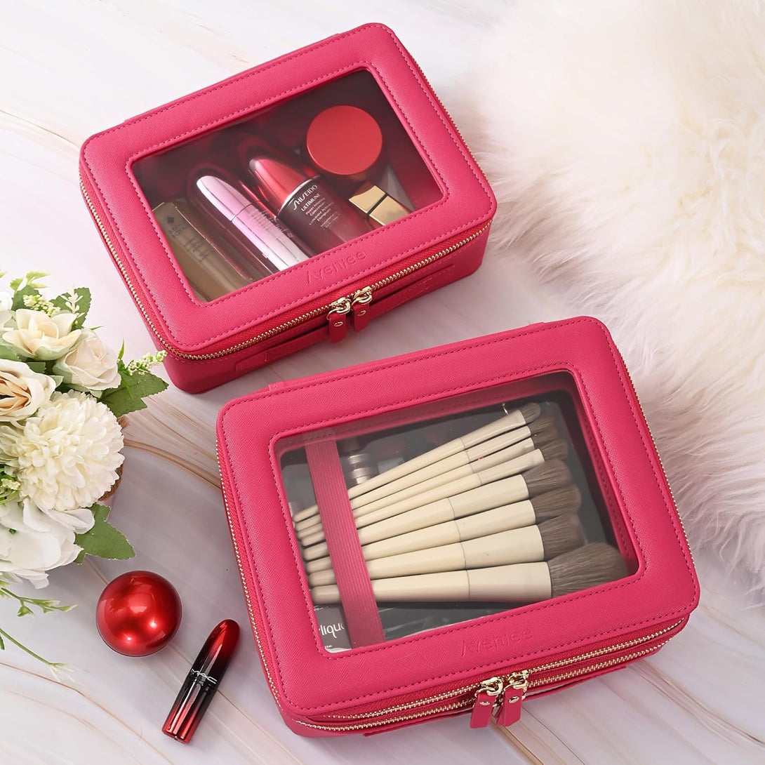 Aveniee Clear Makeup Bags, Double Layer Cosmetic Bags with a Separate Brush Compartment, Large Travel Toiletry Bag Train Case for Women, Travel Accessories Organizer(2 Layers Large, Hotpink)