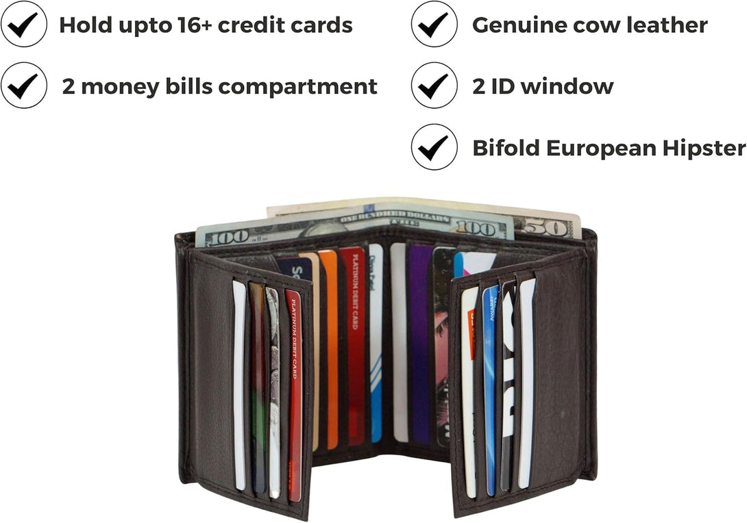 Bullz Genuine Nappa Cow Leather Thick Dual Credit Card ID Flap Quad Fold Large Bifold Mens Wallet Passcase RFID