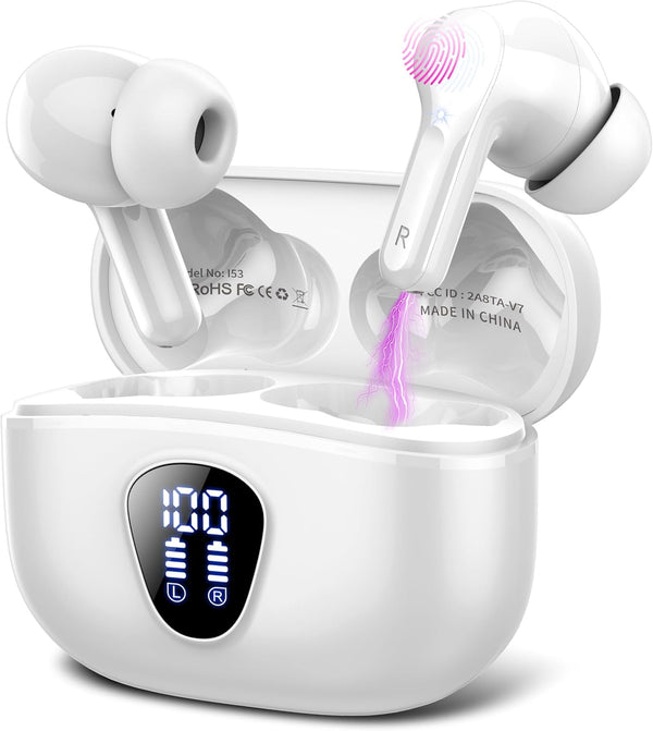 Wireless Earbuds, Bluetooth 5.4 Headphones Hifi Stereo, Bluetooth Earbuds with ENC Noise Cancelling Mic, IP7 Waterproof in Ear Earphones, 48H, LED Display Ear Buds for Pad Workout Sports, Deep White