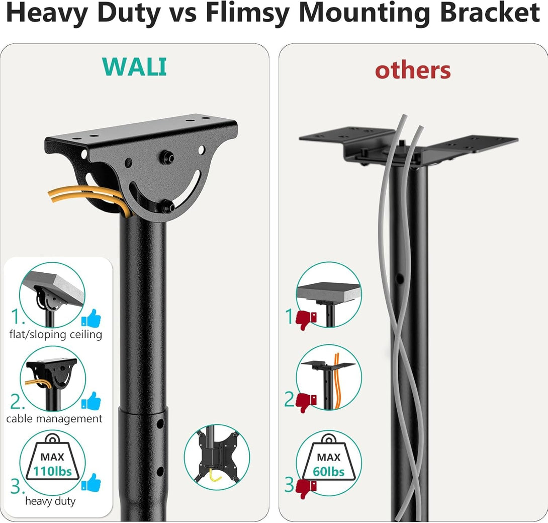 WALI TV Ceiling Mount Adjustable Bracket Fits Most LED, LCD, OLED and Plasma Flat Screen Display 26 to 65 Inch, up to 110 Lbs, Mounting Holes 400X400Mm (CM2665), Black