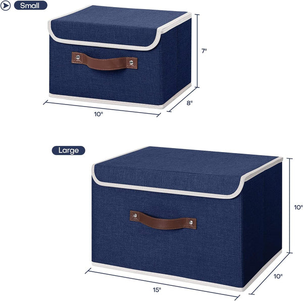 ANMINY 2PCS Storage Bins with Lid PU Leather Handles Storage Boxes PP Plastic Board Decorative Foldable Lidded Cotton Linen Fabric Home Cubes