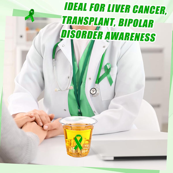 Baderke 50 Pcs Mental Health Awareness Green Ribbon Plastic Cups Bulk Disposable 12Oz Liver Cancer Awareness Plastic Cups for Transplant Bipolar