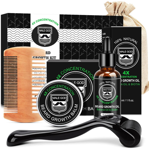 MALE GOD Beard Growth Kit, Beard Kit W/Beard Growth Oil, Balm, Comb, Massager for Spot/Patchy Beard, Gifts for Men Him Boyfriend Husband