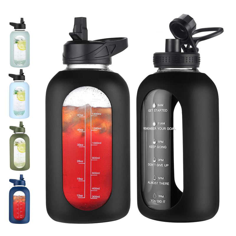 64 Oz Glass Water Bottle with Straw and Handle, Half Gallon Sports Motivational Water Jug Flask with Silicone Sleeve, Large Water Cup with Time