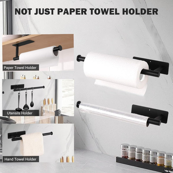 Paper Towel Holder under Cabinet Wall Mount,Self Adhesive and Drilling Paper Towel Holders,Sus304 Stainless Steel Paper Towel Roll Rack,Black