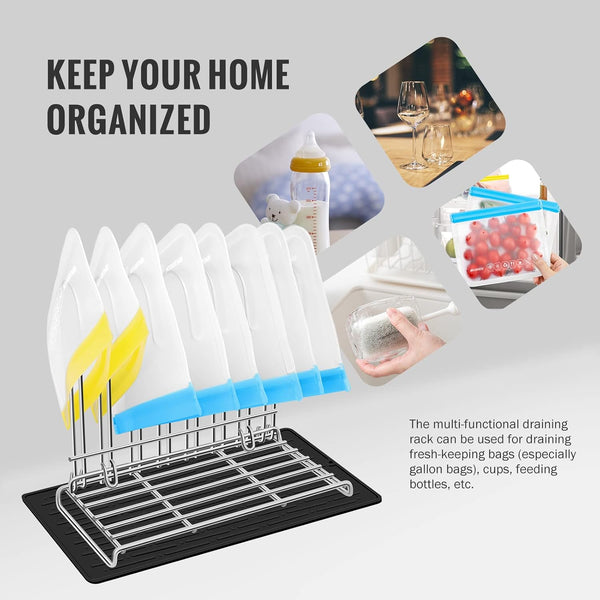 IDEATECH Reusable Bag Rack with Cup Drying Mat,Plastic Bag Dryer Rack Dish Drying,Collapsible Kitchen Counter Storage Organizer Sponge
