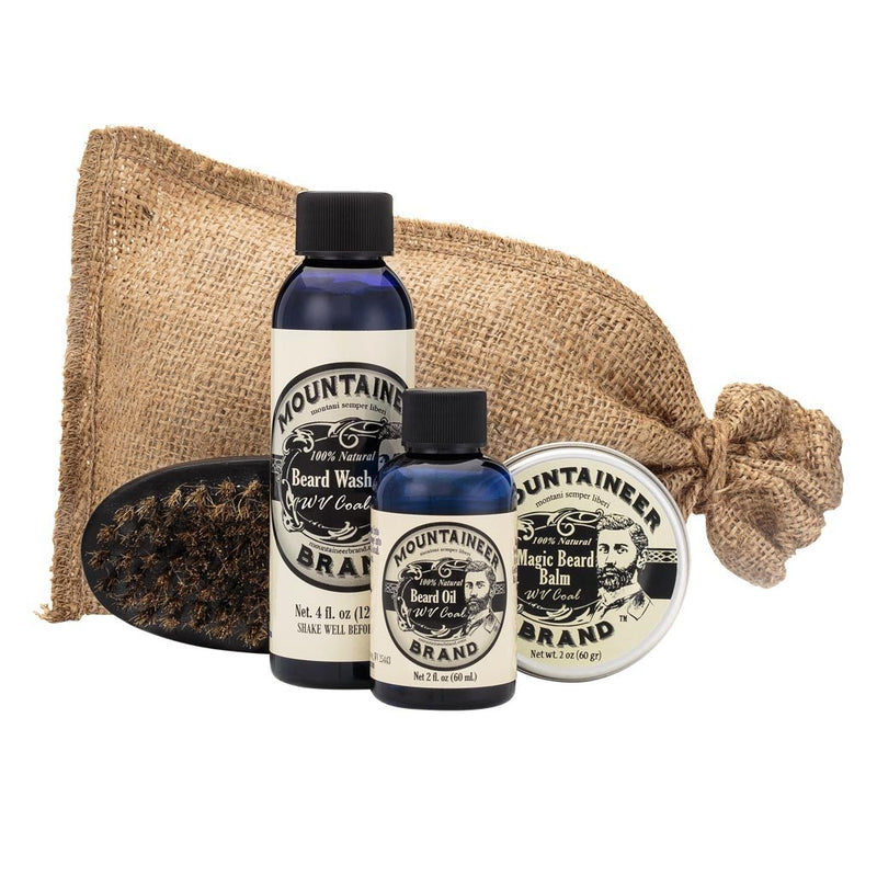 Mountaineer Brand Beard Grooming Kit | Beard Oil (2Oz), Conditioning Balm (2Oz), Wash (4Oz), and Brush | Mustache Growth Kit for Men, WV Coal Scented