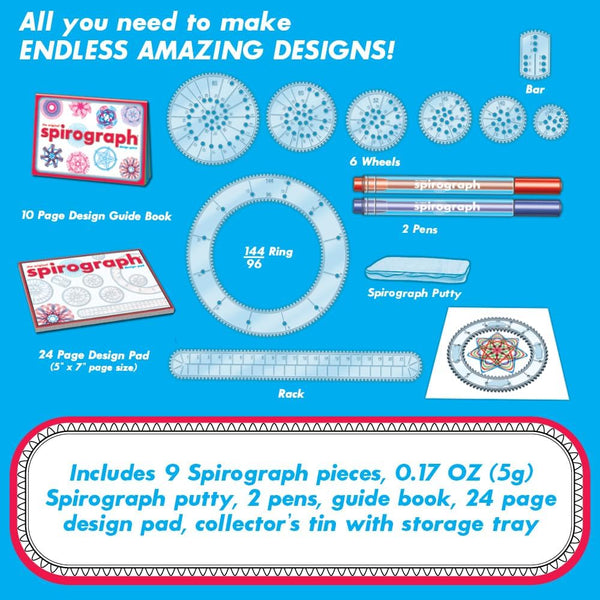 Spirograph Design Set Collectors Tin â Arts and Crafts, Kids Toys, Art Supplies, Craft Supplies, Drawing Kit, Spiral Art, Classic Gear Design Kit,