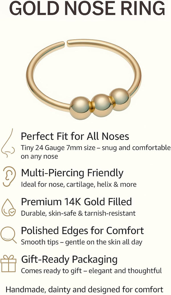 Gold Nose Ring - Thin Tiny 7Mm 24 Gauge Beaded Nose Hoop for Women - 14K Gold Filled Nose Rings Piercing Jewelry - Handmade Small Nose Hoops -