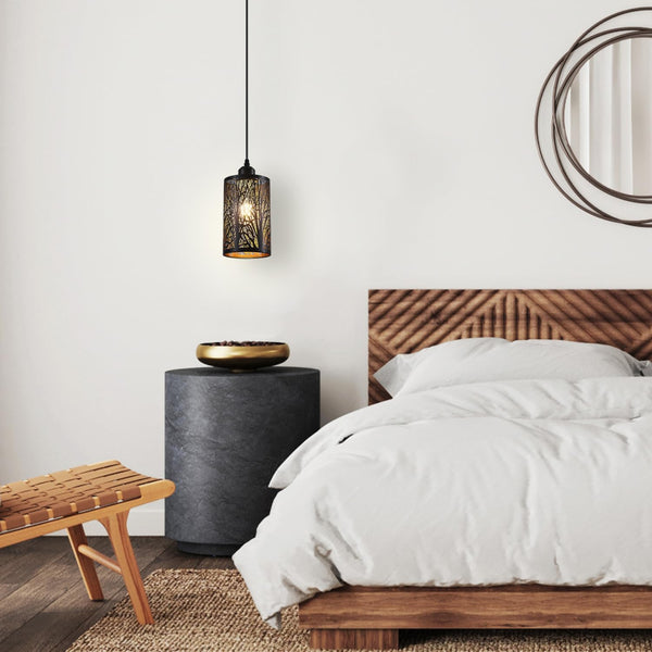 Industrial Black Pendant Light Fixture Vintage Farmhouse Mini Black Gold Pendant Lighting Rustic Hollow-Carved Cylinder Pendant Light for Kitchen