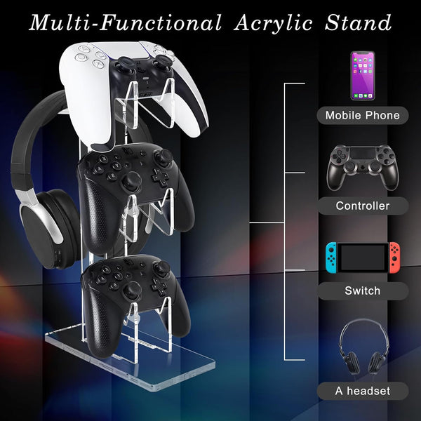 FYY Game Controller Holder 3 Tiers - Universal Dual Stand and Headphone Holder, Acrylic Clear Display Compatible with Nintendo Switch, Xbox, PS5,