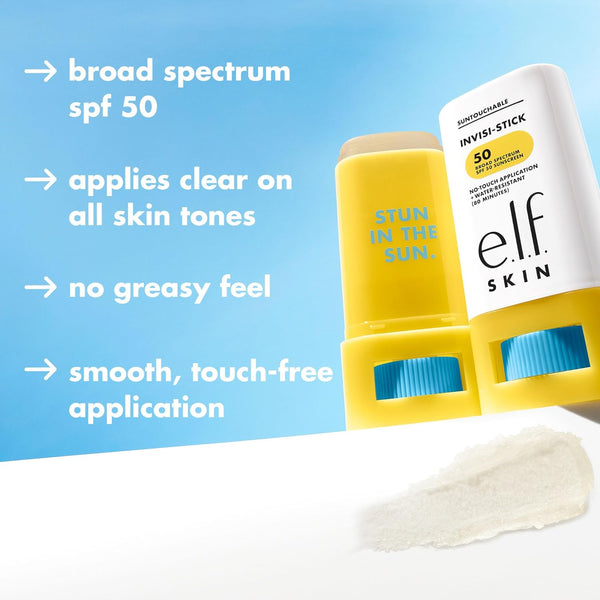 E.L.F. SKIN Suntouchable Invisi-Stick SPF 50, Clear Sunscreen for a Natural Finish, Made with Moisturizing Sunflower Seed Oil, Vegan & Cruelty-Free