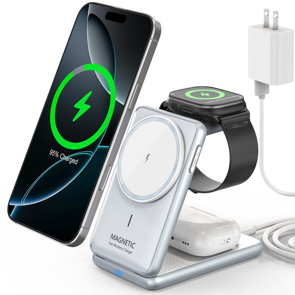 3-In-1 Magnetic Wireless Charger: 2025 Travel Fast Charging Station for Iphone 16 15 14 - Apple Watch Ultra SE 9 8 - Airpods Pro 4 3 - Desk