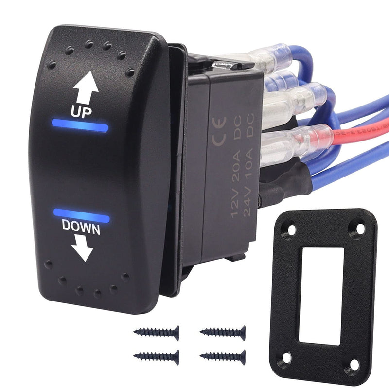 Weideer 20A 12V Polarity Reversing Momentary Rocker Switch DC Motor Control 7Pin up down Blue LED Winch In/Out Switch with Aluminum Plate Screw