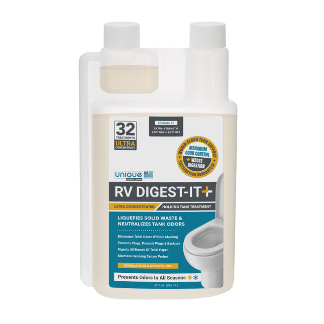 Unique RV Digest-It+ Extra-Strength Ultra-Concentrate - 32 RV Toilet Treatments - Eliminates Smells and Liquifies Waste 