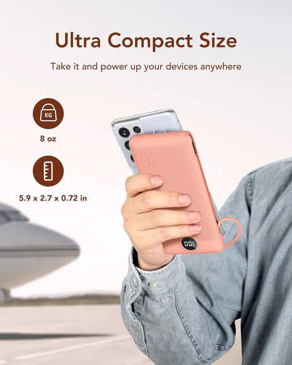 VEGER Portable Charger for Iphone Built in Cables and Wall Plug, 10000Mah Slim Fast Charging USB C Power Bank, Travel Essential Battery Pack