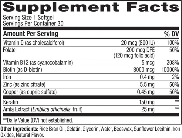 OLLY Ultra Strength Hair Softgels, Supports Hair Health, Biotin, Keratin, Vitamin D, B12, Hair Supplement, 30 Day Supply - 30 Count (Packaging May