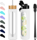 32 Oz Glass Water Bottles - 1 Liter Motivational Tumbler Water Bottle Time Marker - Borosilicate Glass Water Bottle with Silicone Sleeve and 2