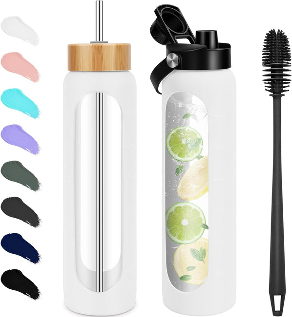 32 Oz Glass Water Bottles - 1 Liter Motivational Tumbler Water Bottle Time Marker - Borosilicate Glass Water Bottle with Silicone Sleeve and 2