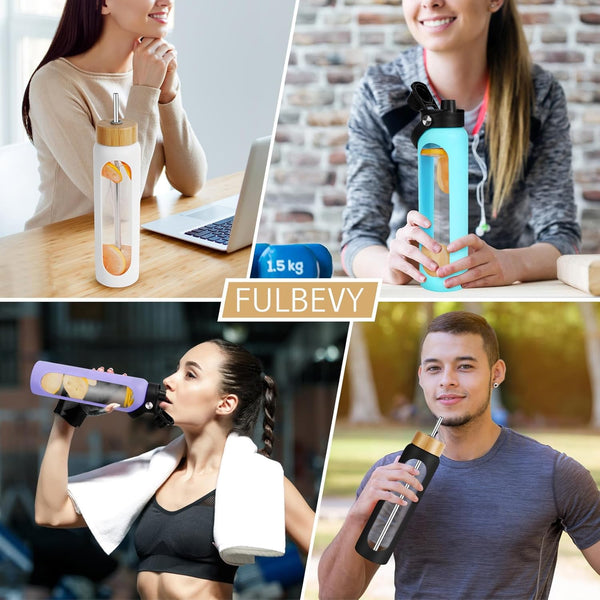 32 Oz Glass Water Bottles - 1 Liter Motivational Tumbler Water Bottle Time Marker - Borosilicate Glass Water Bottle with Silicone Sleeve and 2
