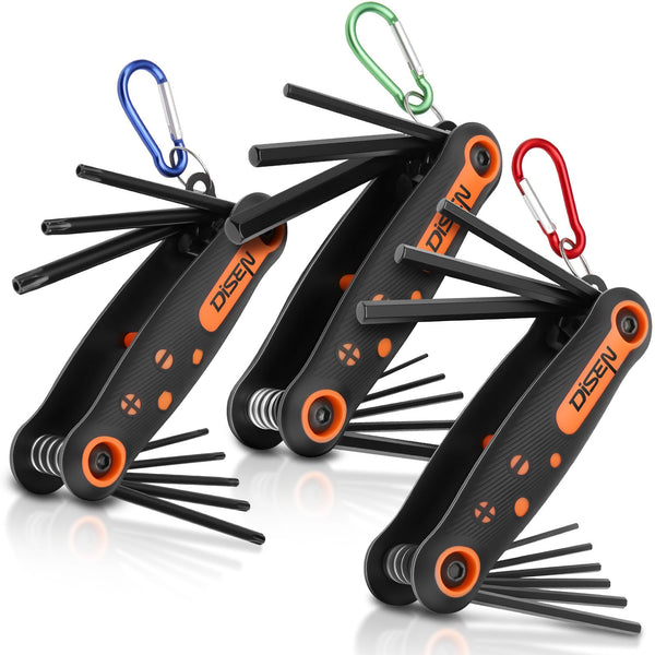 DISEN 25-Piece Folding Allen Key Set - 3-Pack SAE & Metric Hex Key, Torx Star Key Set, Portable Keyhook, Heat Treated Chrome Vanadium Steel Allen