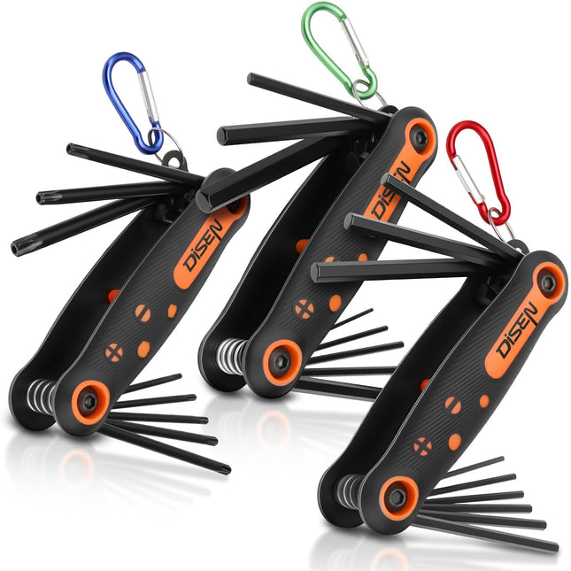 DISEN 25-Piece Folding Allen Key Set - 3-Pack SAE & Metric Hex Key, Torx Star Key Set, Portable Keyhook, Heat Treated Ch