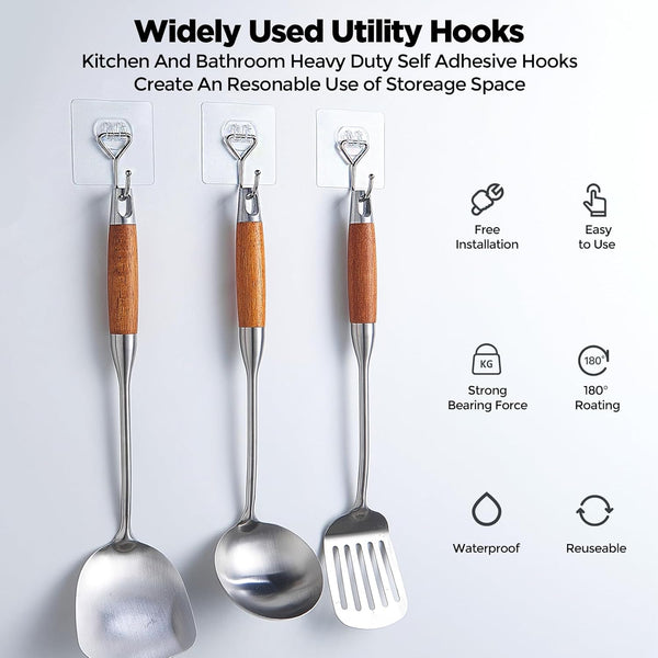 Meknow Large Adhesive Hooks Utility Hooks 8 Pack Waterproof and Rustproof Wall Hooks for Hanging Heavy Duty, Stainless Steel Robe & Towel Hanger