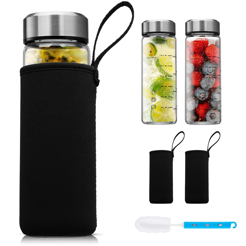 SIEROZUR Glass Juice Bottles 16 Oz-2 Pack Leak Proof Wide Mouth Water Bottle with Stainless Steel Lid & Sleeve - for Juicing, Smoothies, Infused