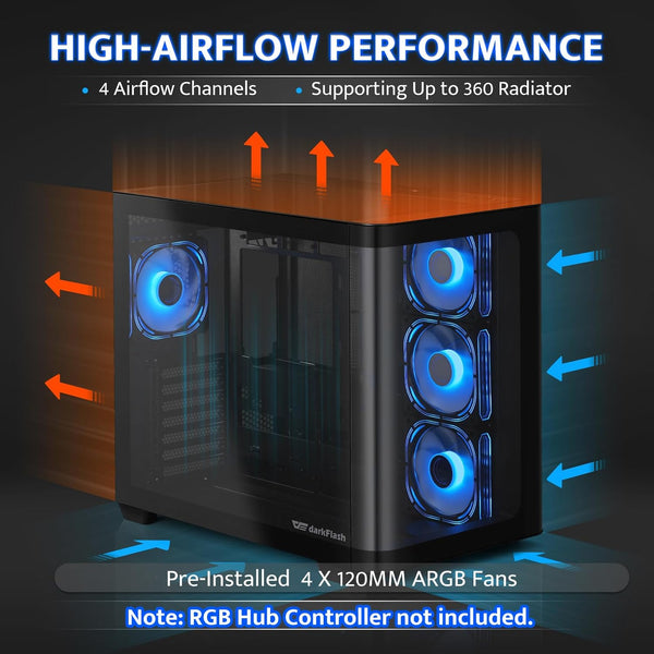 Darkflash ATX Mid-Tower Gaming PC Case, Back Plug-In BTF Motherboard, with 4 ARGB Fans Computer Case, Full View Curve Glass Dual-Chamber PC Case,