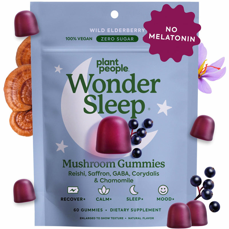 Plant People Wondersleep Mushroom Gummies Supplement for Sleep and Relaxation with Reishi Super Mushrooms, Wild Elderberry Flavor, No Sugar (60 Count)