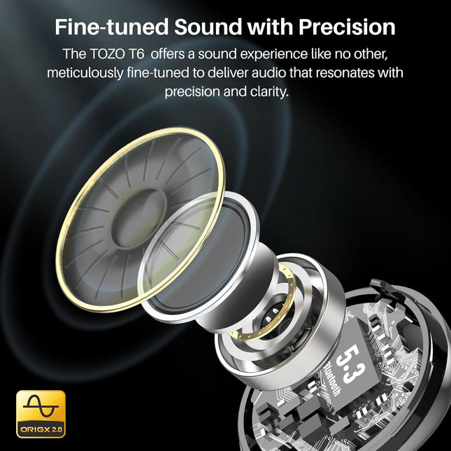 TOZO T6 True Wireless Earbuds Bluetooth 5.3 Headphones 50H Long Playtime, Wireless Charging Case, IPX8 Waterproof Stereo