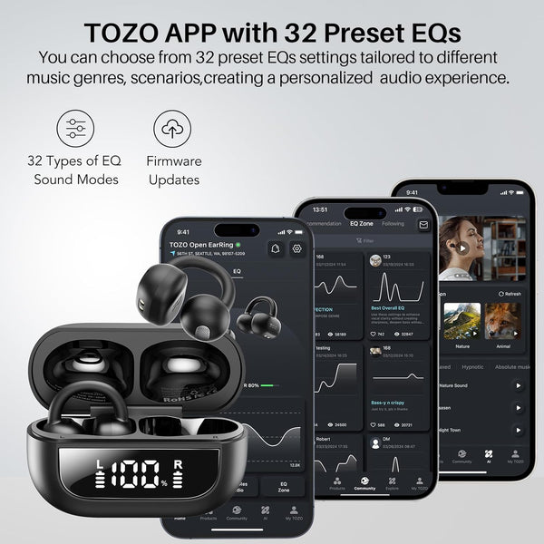 TOZO Openearring True Open Ear Headphones, Lightweight Comfort Open Ear Clip Wireless Earbuds, 40H Play Bluetooth 5.4 Headphones with Smart
