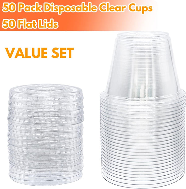 50 Pack Clear Cups with Lids,6 Oz Plastic Disposable Cups with Flat Lids(No Hole),Crystal PET Dessert Party Cups for Smoothy'S,Ice