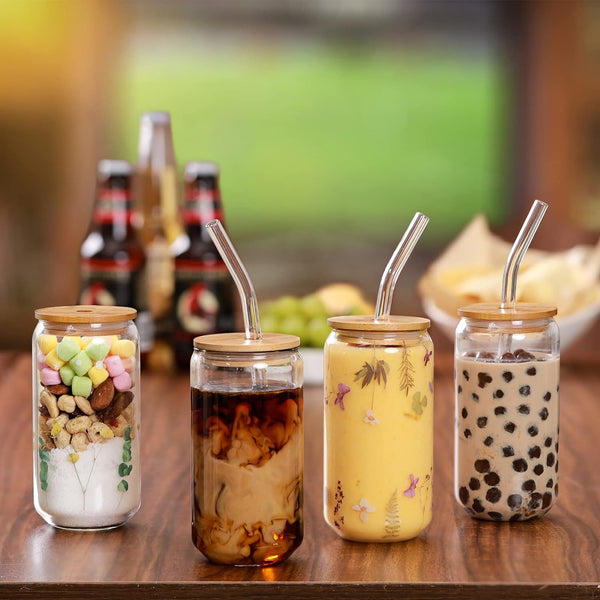 Drinking Glasses with Bamboo Lids and Glass Straw 4pcs Set - 16oz Glass Cups, Iced Coffee Glasses, Cute iced Tea Glasses, Beer Glasses, Ideal for